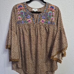 Umgee Brown Floral Embroidered Women's Top